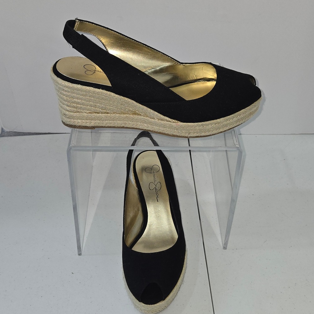 Jessica Simpson Womens Black Canvas Espadrille Wedge Sandals Peep Toe Size 9B 39